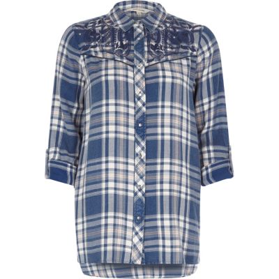 Blue check western embroidered shirt